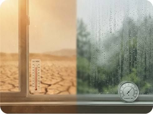Split‑screen of a dry desert and a lush rainy landscape with a thermometer and hygrometer, illustrating how different environments affect skin.