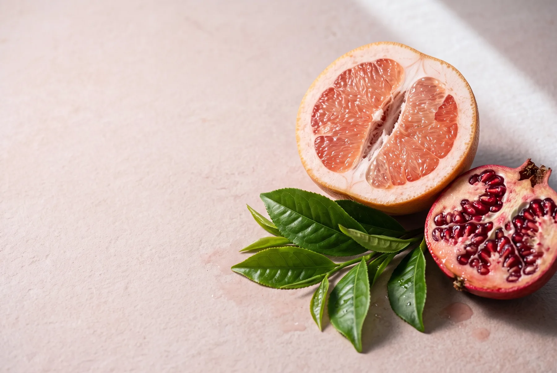 Skincare ingredients — a warm editorial still life of botanical and active ingredient specimens on linen