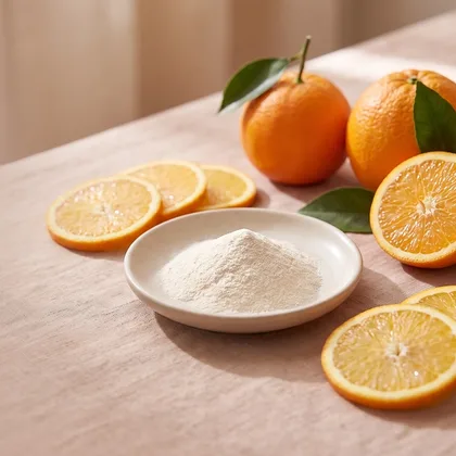 A dish of pale ascorbic-acid powder beside fresh oranges and orange slices