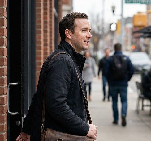 Man in a coat smiling while walking outdoors, symbolizing improved skin after 30 days on the Proven routine.