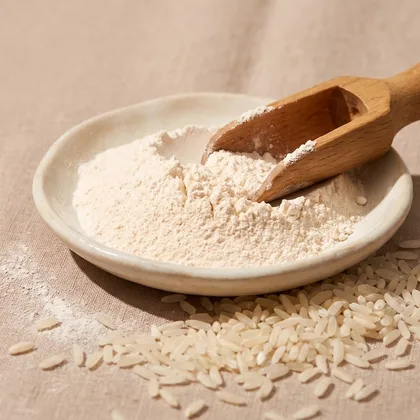 A dish of pale kojic acid powder with a wooden scoop and scattered rice grains