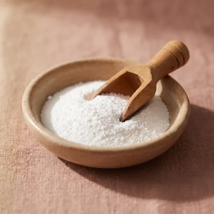 A ceramic dish of fine white niacinamide powder with a wooden scoop