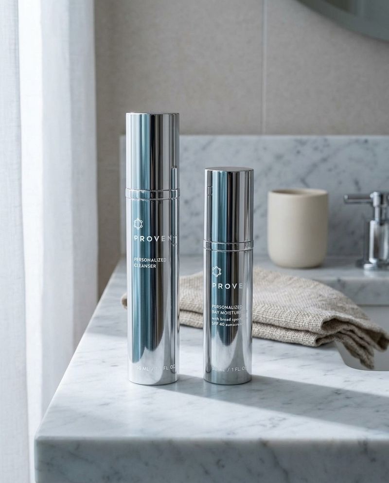 PROVEN cleanser and day moisturizer on a bathroom counter in cool morning light