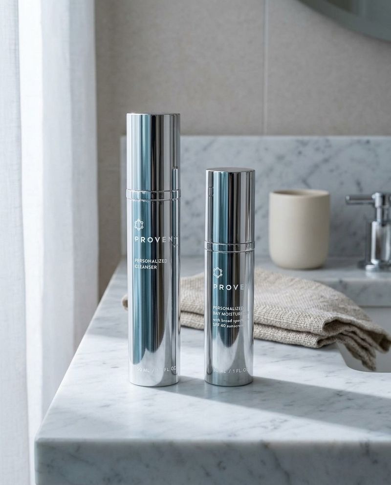 PROVEN cleanser and day moisturizer on a bathroom counter in cool morning light