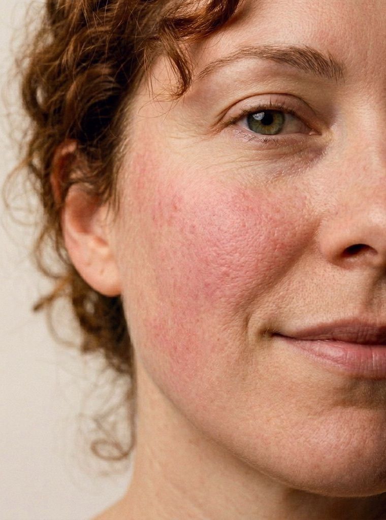 Close-up of calm, healthy skin in warm light