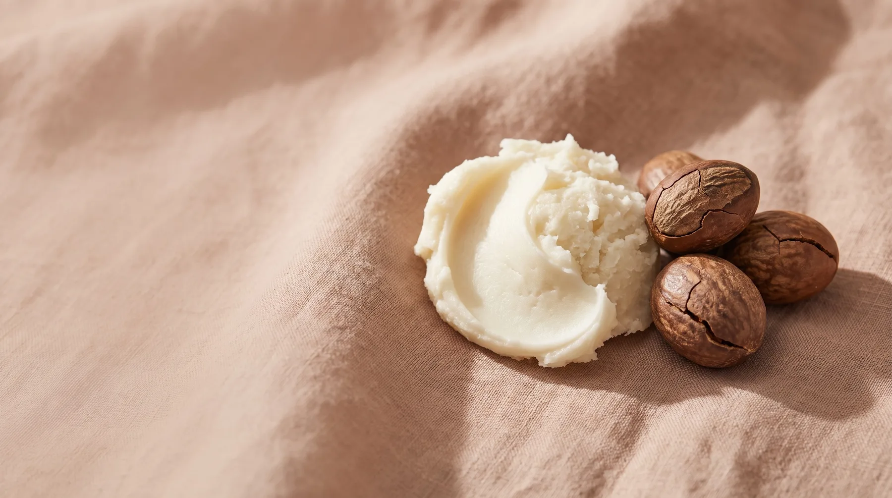 Shea butter — a scooped dollop of raw ivory shea butter beside shea nuts on warm linen