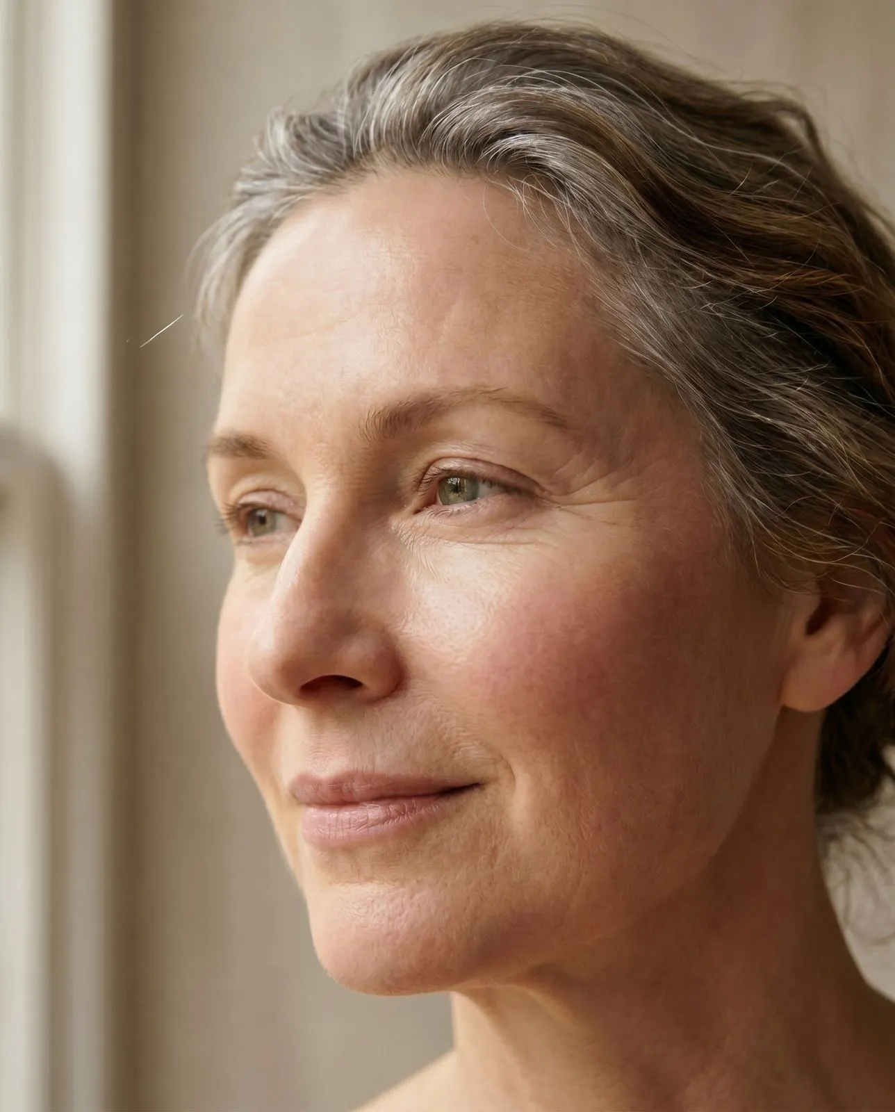 Portrait of a mature woman with luminous skin, looking confidently into the camera against a soft neutral background