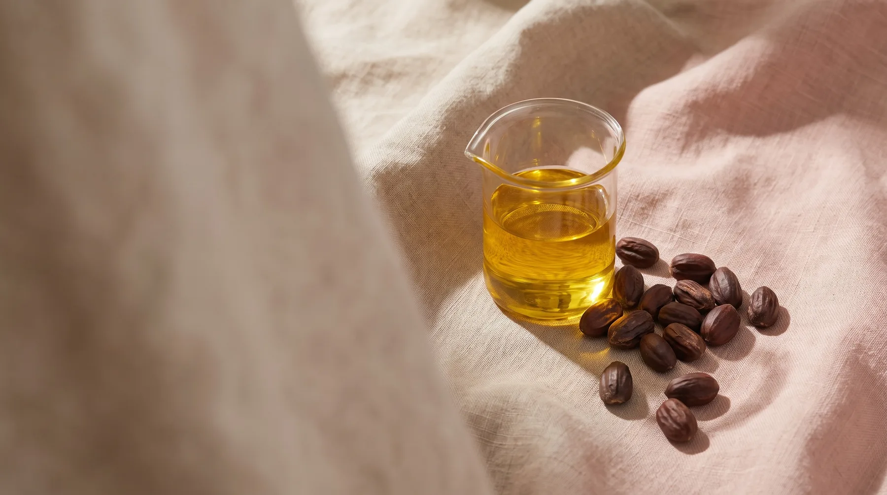 Jojoba oil — a glass vessel of golden jojoba oil beside jojoba seeds on warm linen
