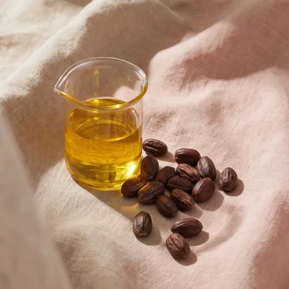A glass vessel of golden jojoba oil beside scattered jojoba seeds