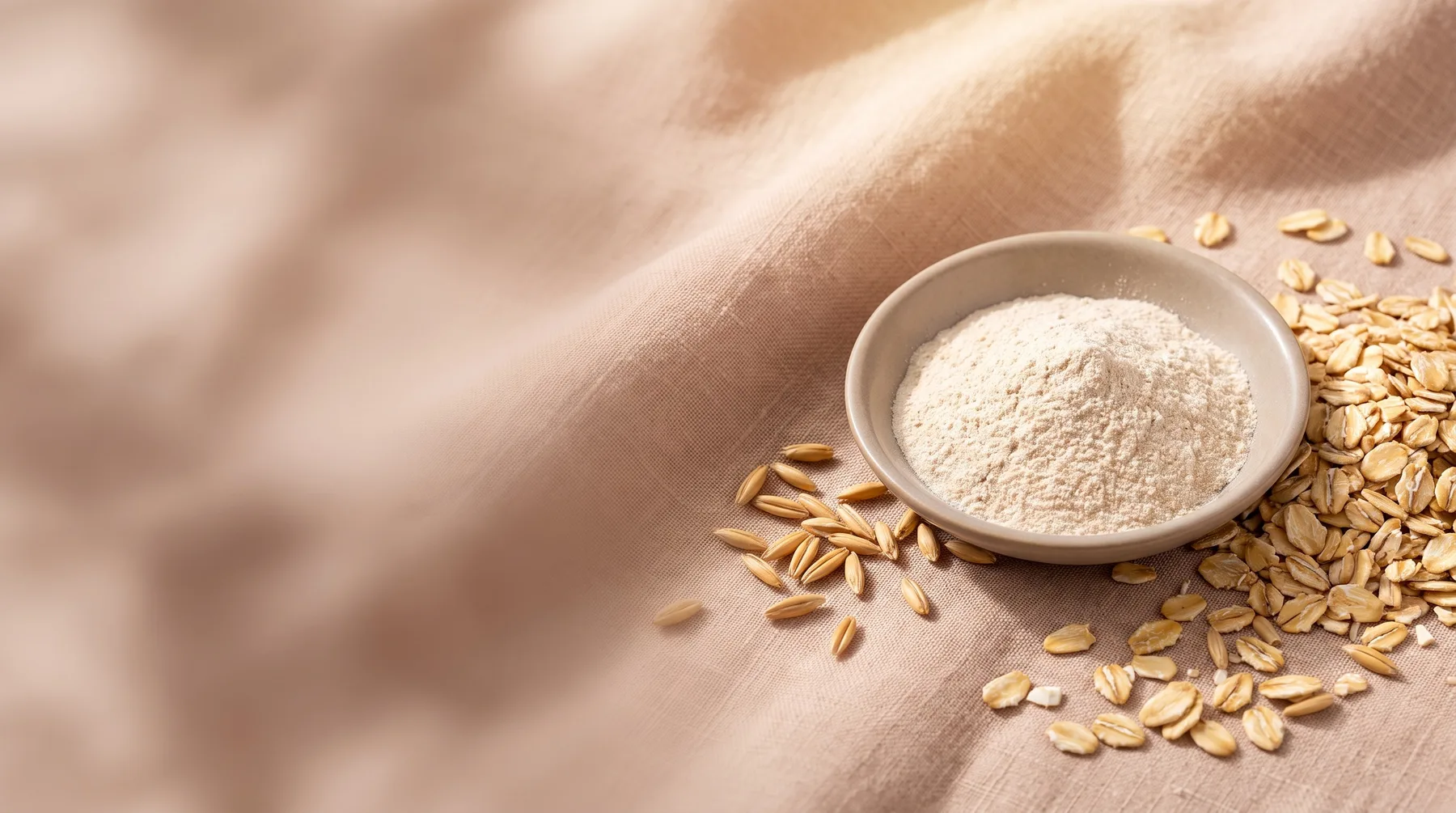 Beta glucan — a dish of pale beta-glucan powder beside rolled oats and oat grains on warm linen