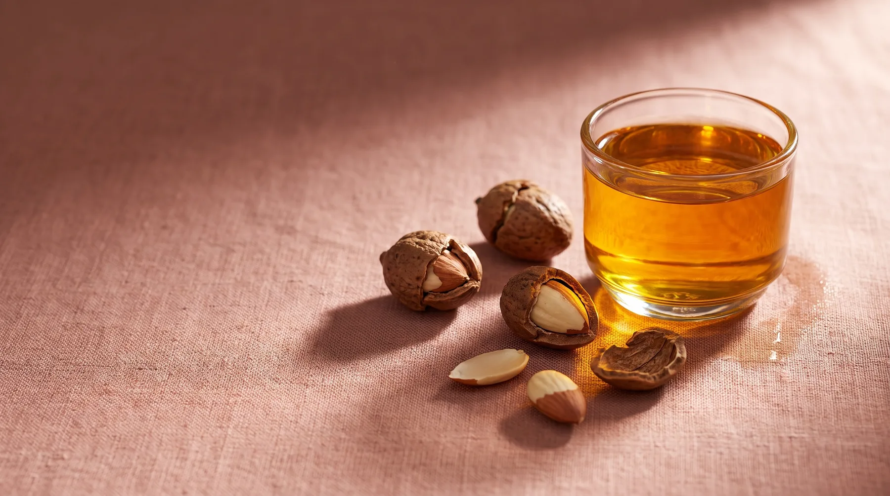 Argan oil — golden argan oil in a clear glass vessel beside cracked argan nuts and almond-cream kernels on warm linen