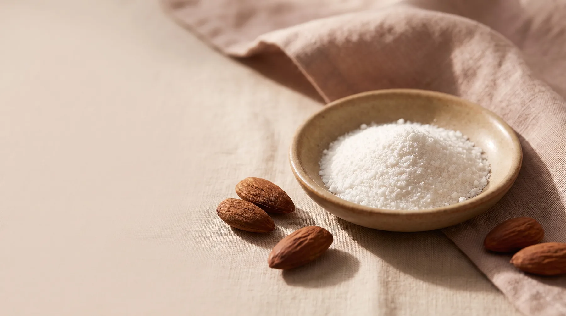 Mandelic acid — a dish of white mandelic-acid powder beside bitter almonds on warm linen