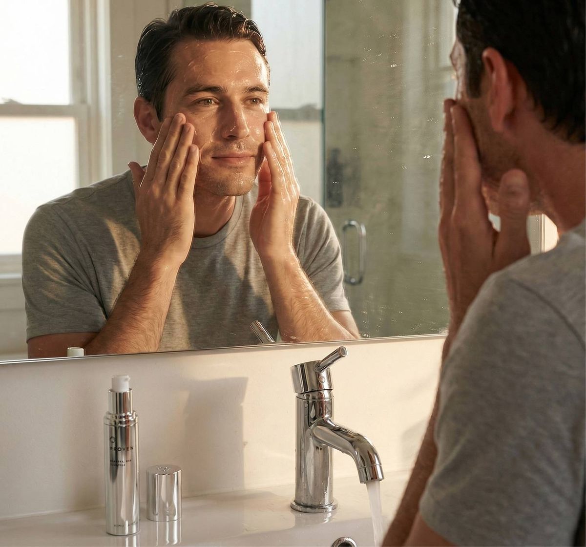 Man applying cleanser in morning routine
