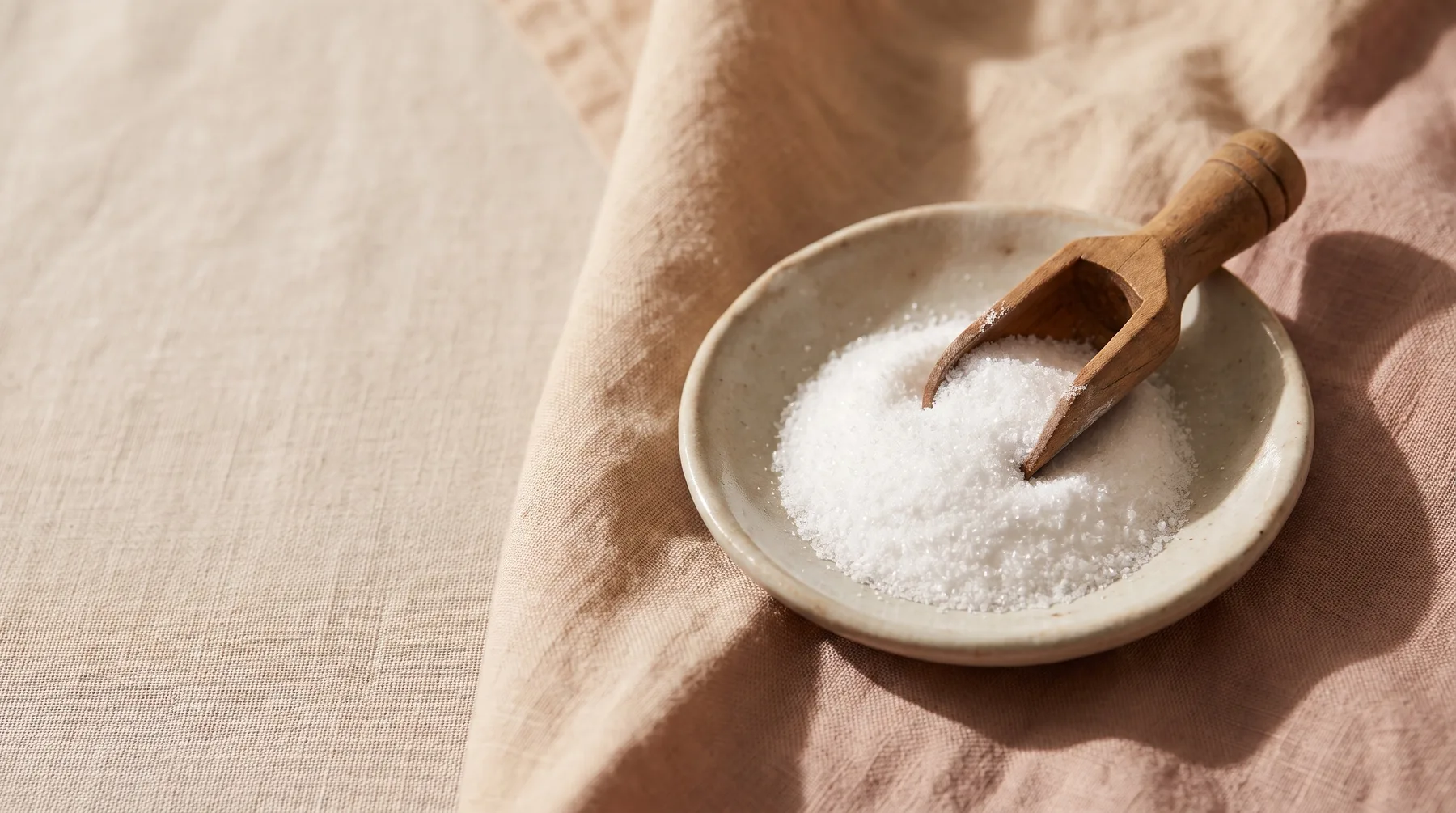 Tranexamic acid — a ceramic dish of fine white tranexamic-acid powder with a scoop on warm linen