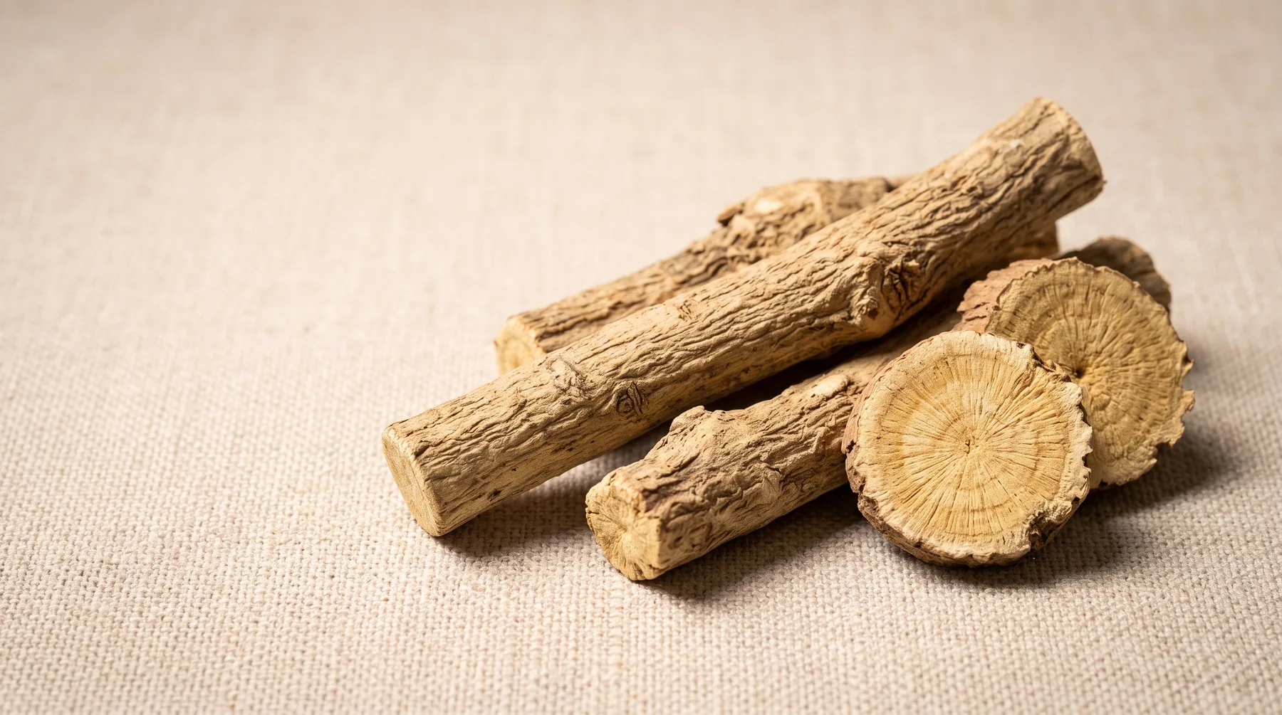 Licorice root extract — dried Glycyrrhiza glabra root batons and cut cross-section slices on warm linen