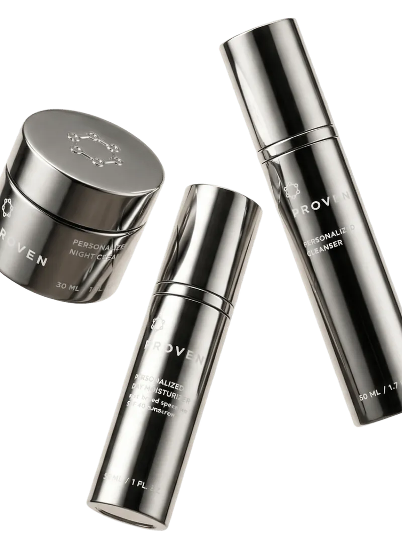 PROVEN's personalized three-step system: cleanser, day moisturizer, and night cream