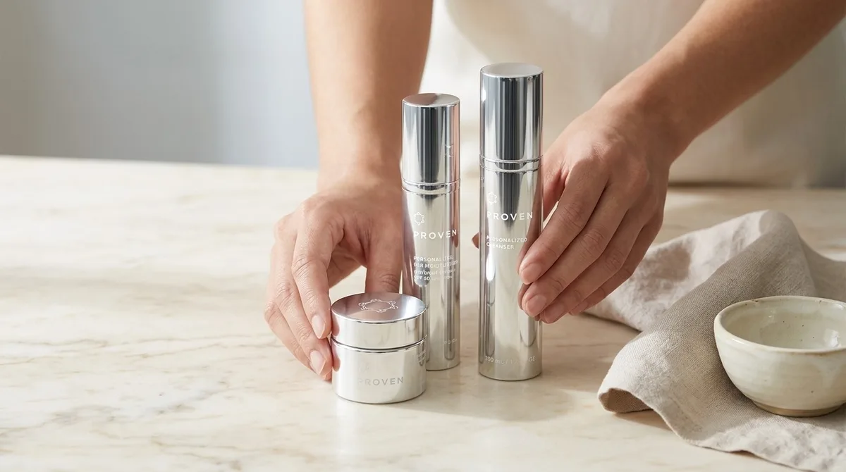 The PROVEN personalized system — cleanser, day moisturizer, and night cream — set out on a counter.