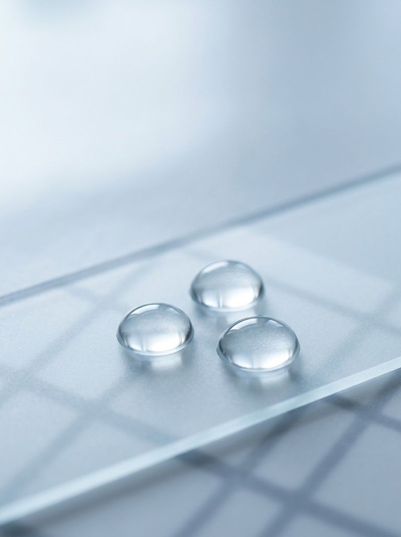Macro of three clear serum droplets on a frosted glass slide — actives for melasma