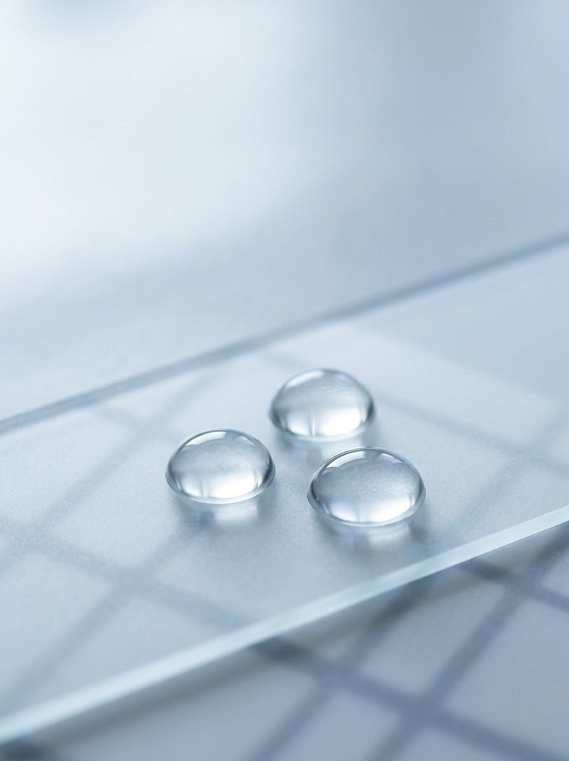 Macro of three clear serum droplets on a frosted glass slide — actives for melasma