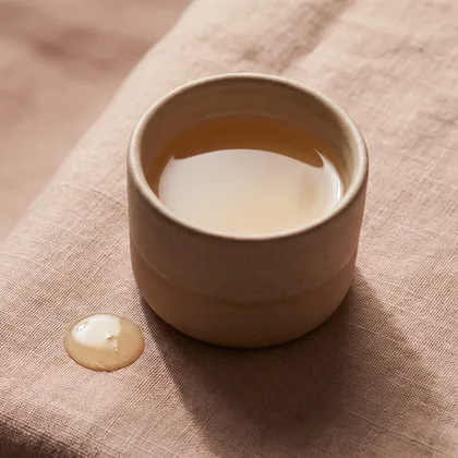 A ceramic vessel of golden-amber retinoid serum with a droplet beside it