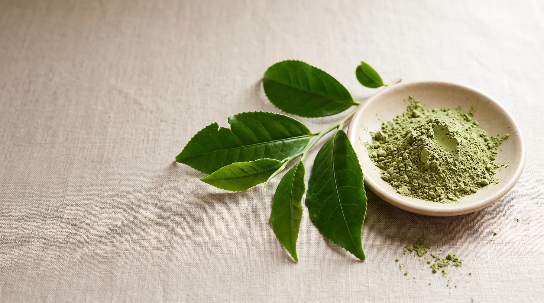 Green tea extract — fresh Camellia sinensis leaves beside a ceramic dish of finely-milled matcha-green extract powder on warm linen