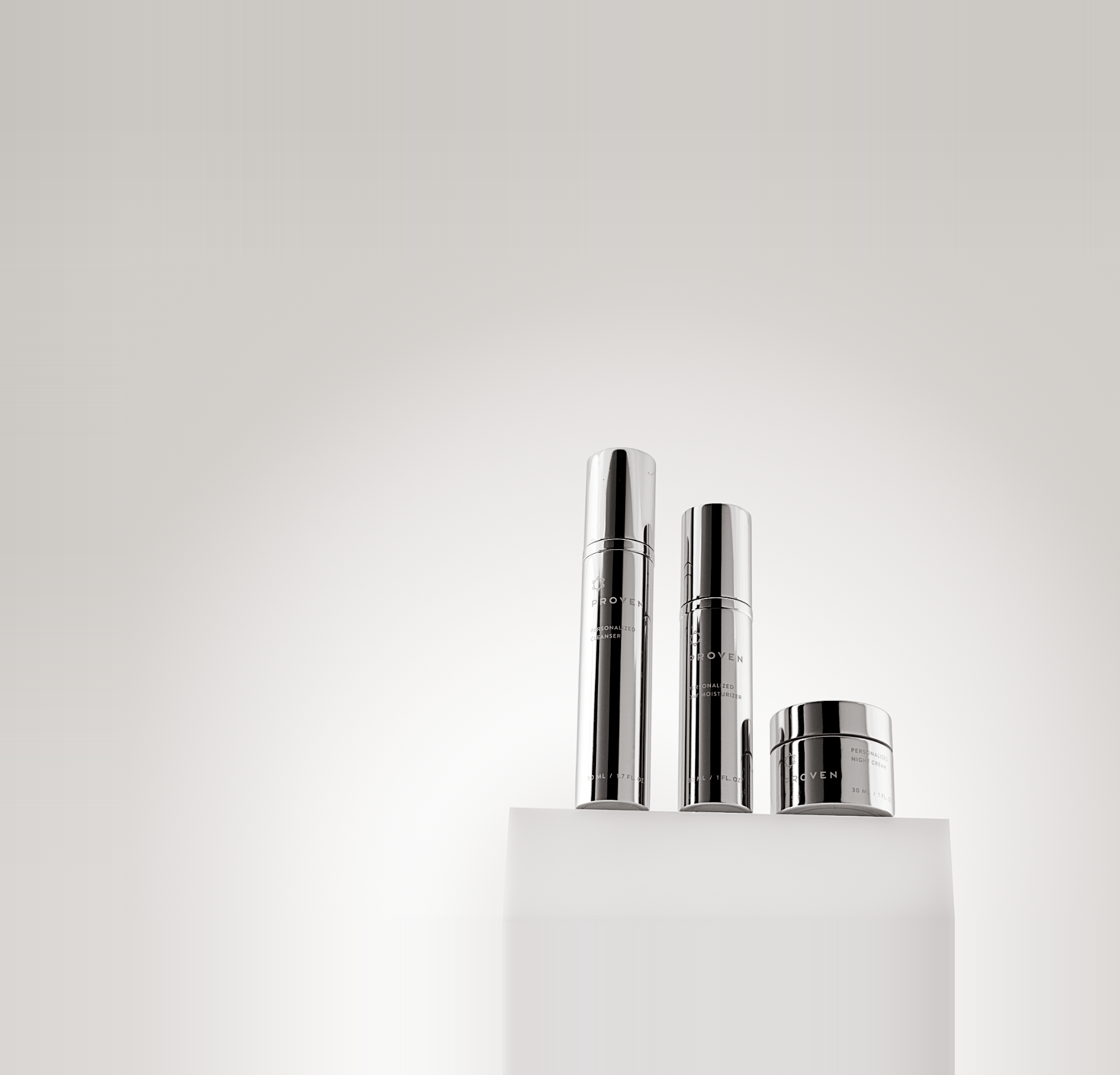 PROVEN's personalized three-step system: cleanser, day moisturizer, and night cream