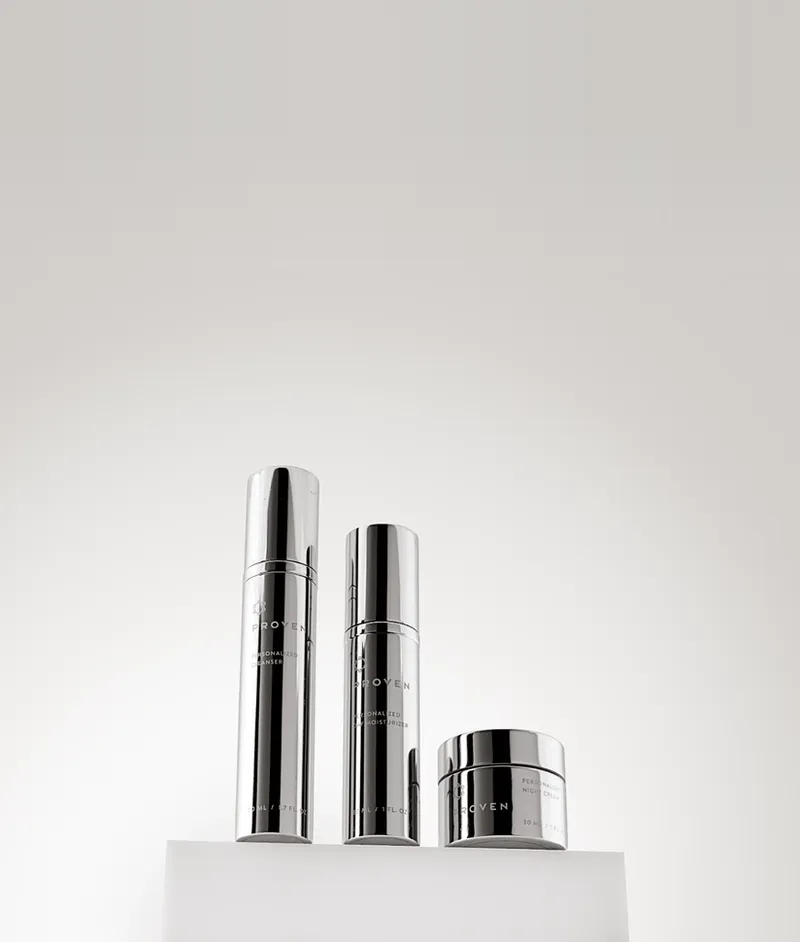 PROVEN's personalized three-step system: cleanser, day moisturizer, and night cream