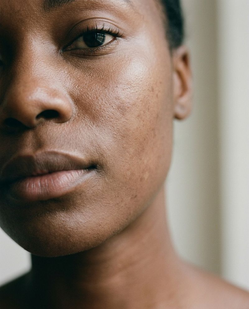 Editorial close-up of a woman's face showing skin texture, deeper skin tone, visible post-inflammatory hyperpigmentation
