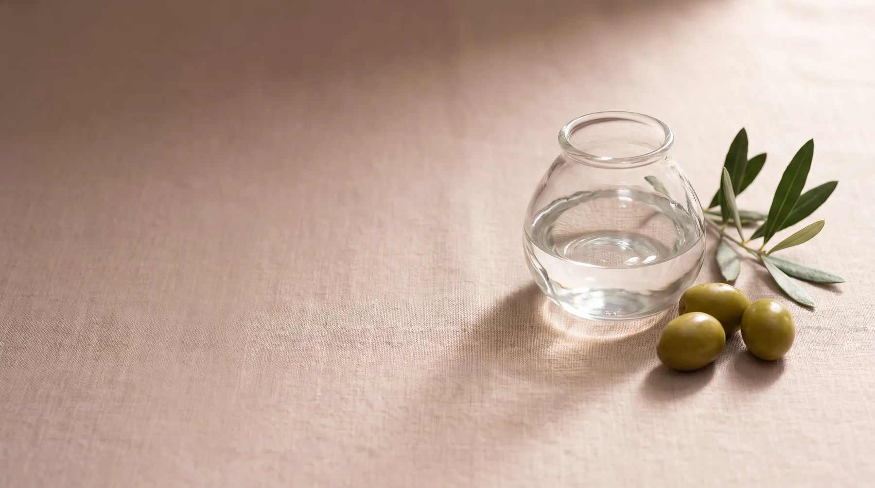Squalane — a glass vessel of clear squalane oil beside green olives and an olive sprig on warm linen