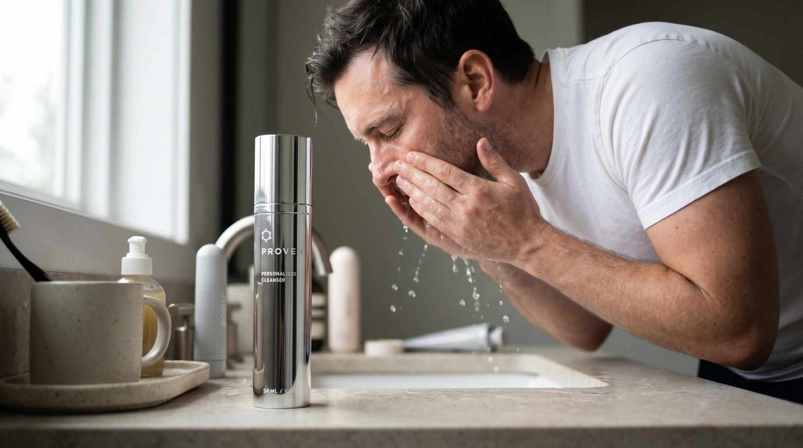 Man washing his face with PROVEN personalized cleanser