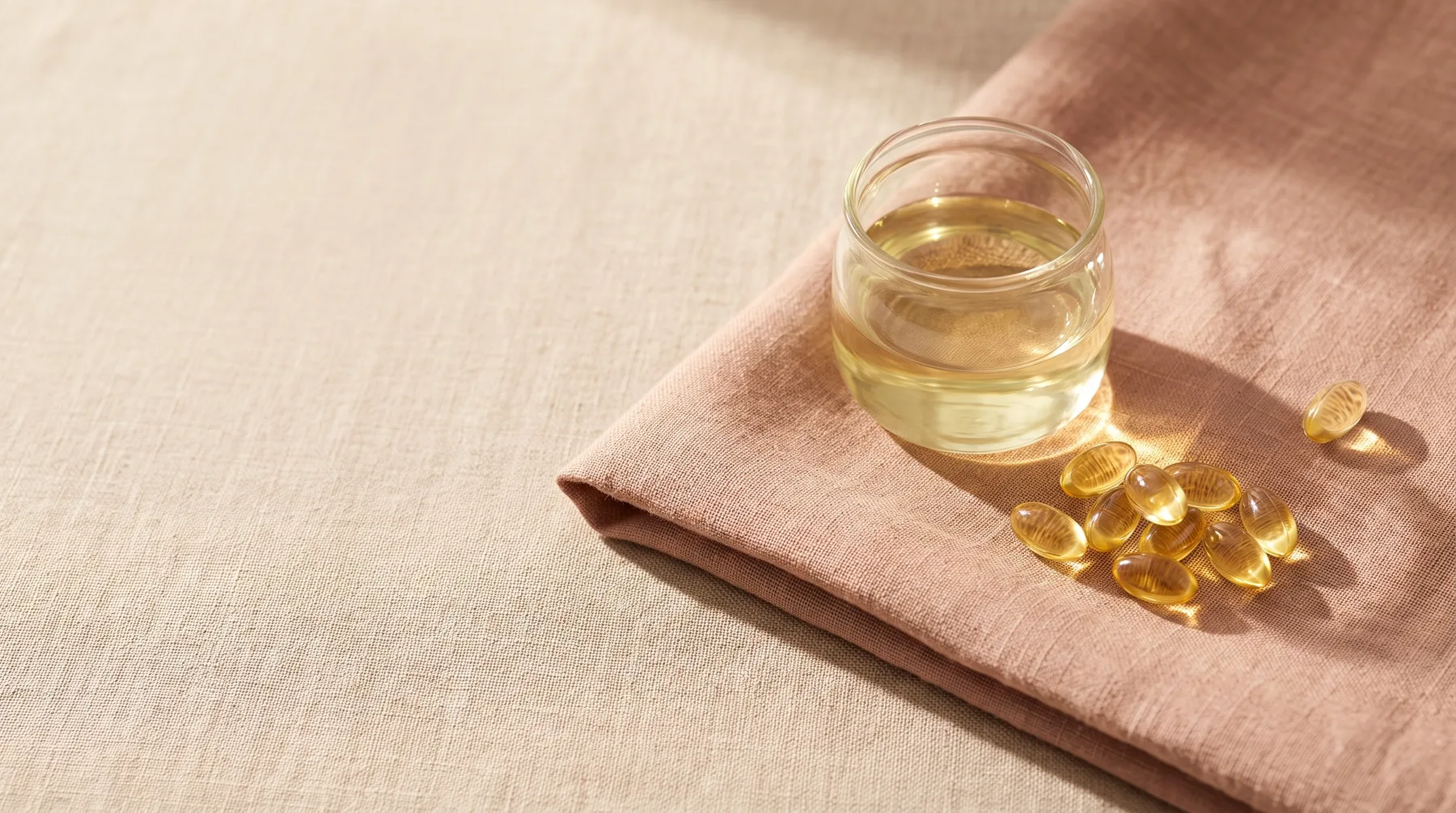 Vitamin D — golden vitamin-D softgels and a vessel of pale golden oil in warm sunlight on warm linen