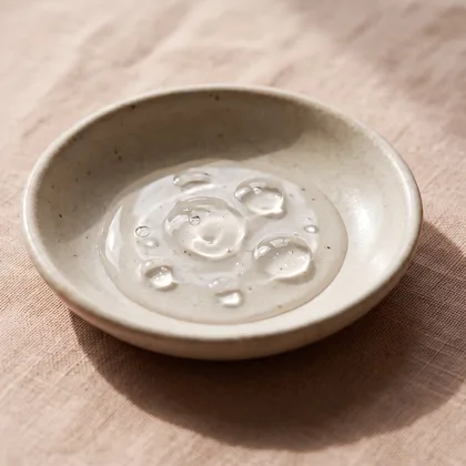 A shallow ceramic dish of clear, glossy hyaluronic acid gel
