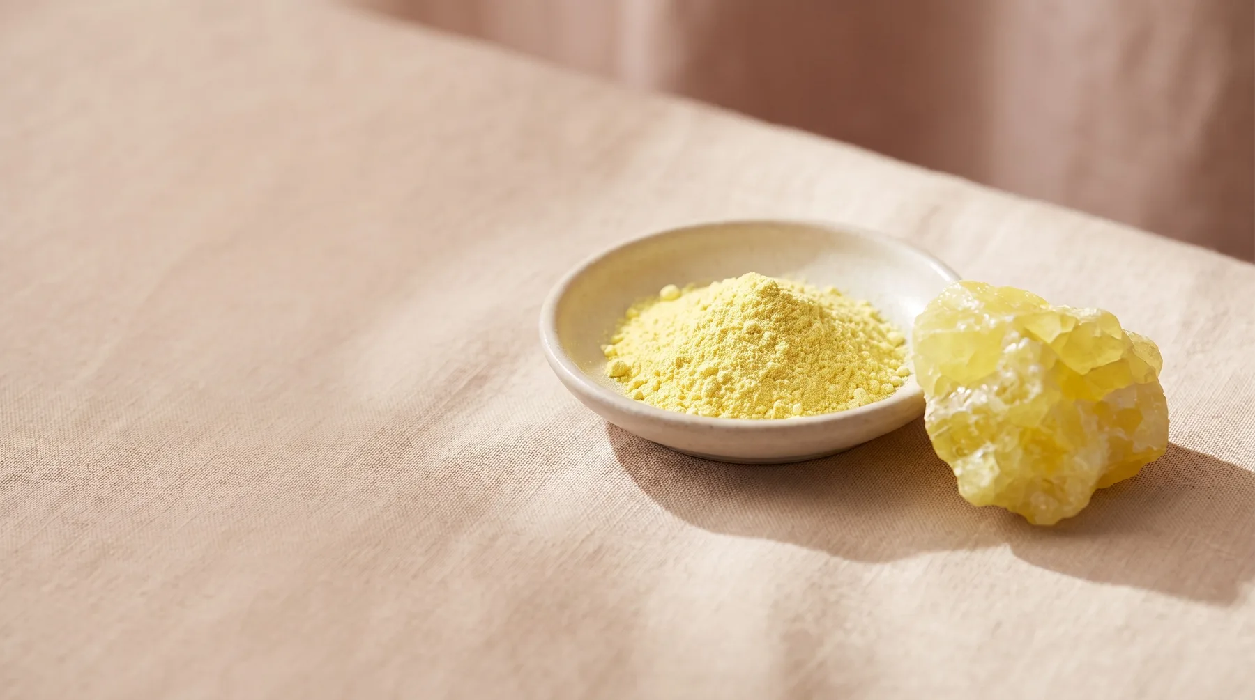Sulfur — a dish of bright yellow sulfur powder beside a raw sulfur mineral on warm linen