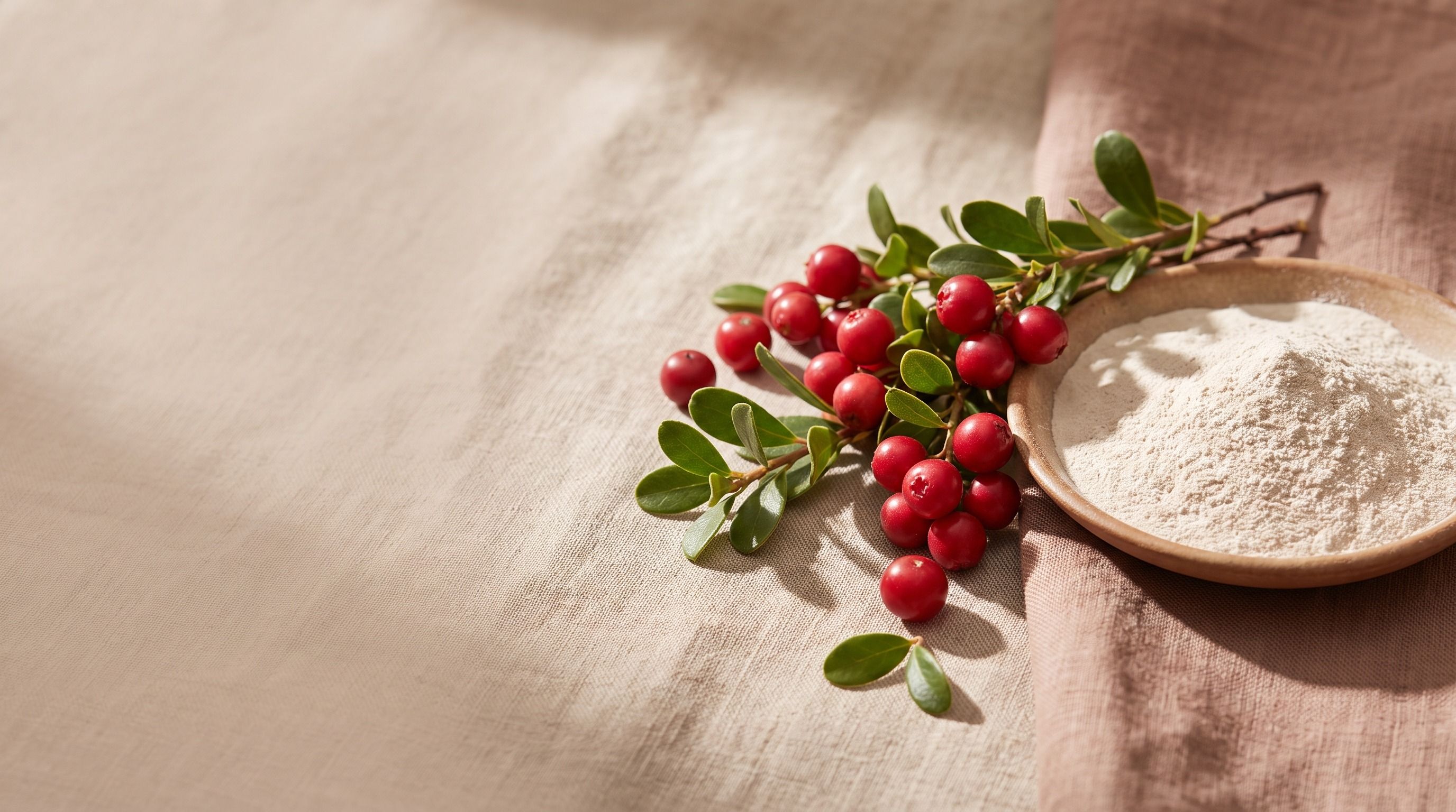 A wooden dish of pale arbutin powder beside a sprig of red bearberries