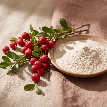 A wooden dish of pale arbutin powder beside a sprig of red bearberries
