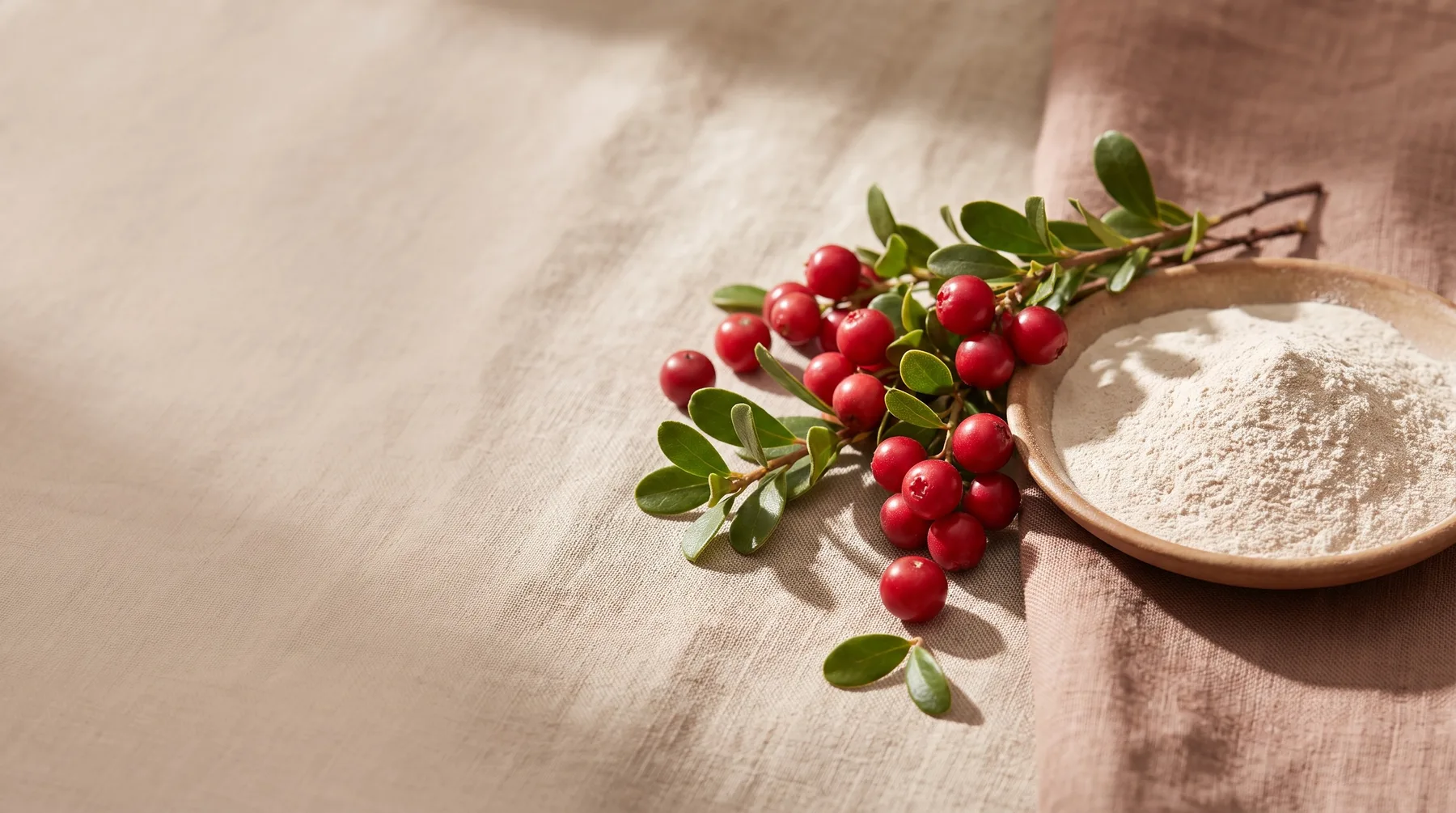 Arbutin — red bearberry berries and leaves beside a dish of pale arbutin powder on warm linen