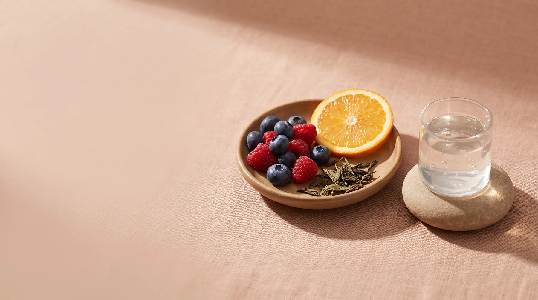 Antioxidants — a still life of berries, green tea and citrus beside a vessel of serum on warm linen