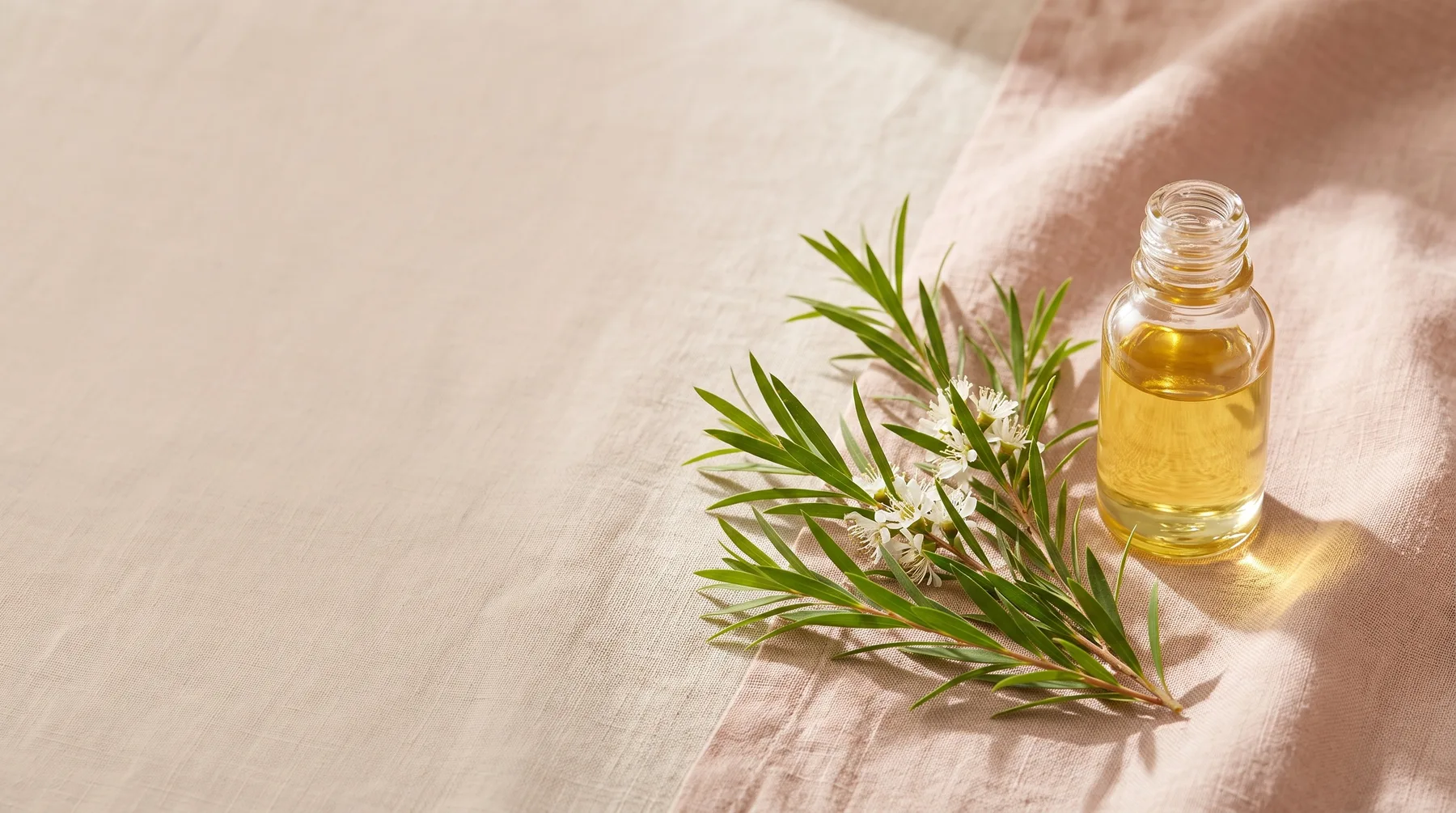 Tea tree oil — a vessel of clear tea-tree oil beside fresh Melaleuca sprigs on warm linen