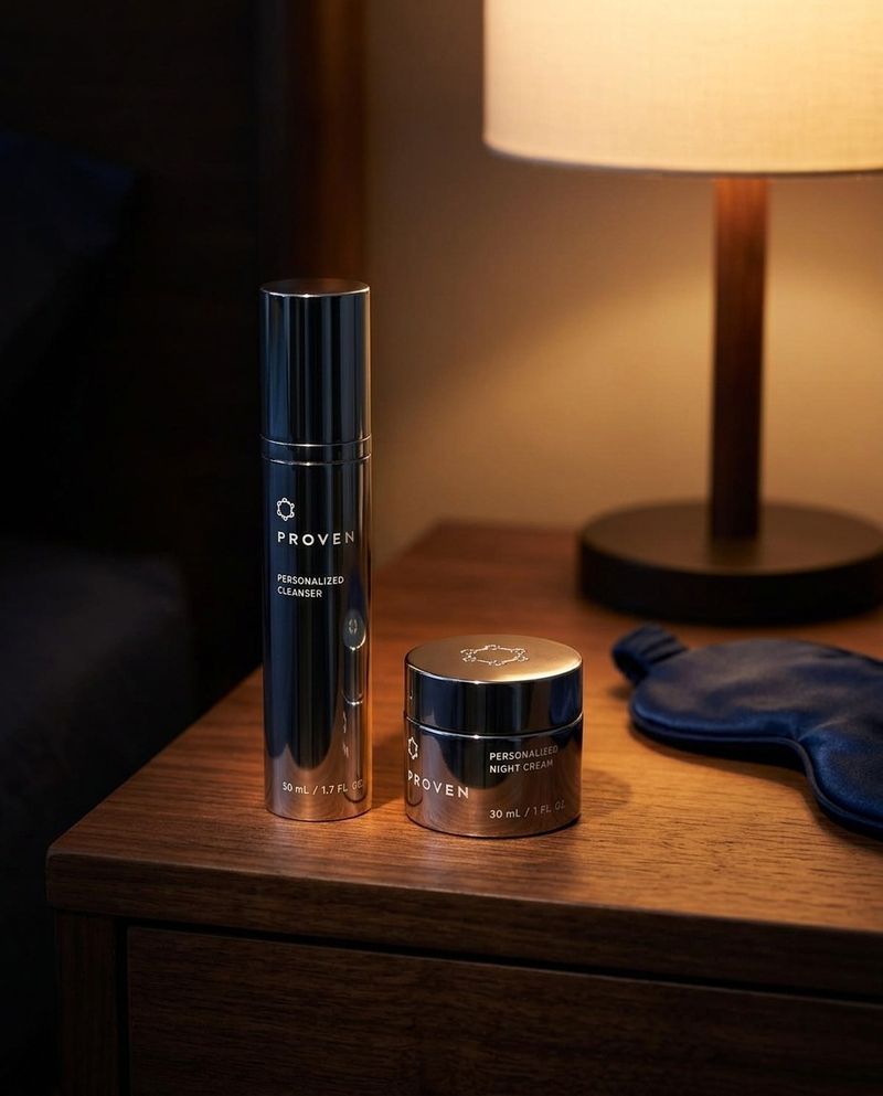PROVEN cleanser and night cream on a walnut nightstand with warm bedside light