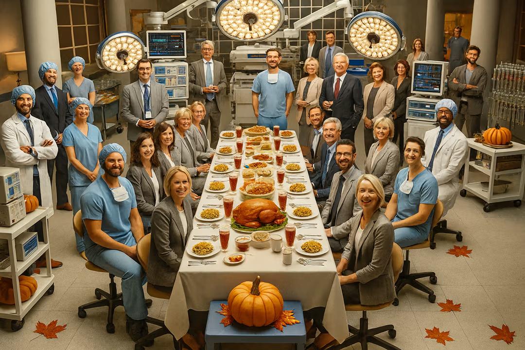 a surgical team of doctors, administrators, distributors, nurses, and sales reps all spending quality time together in the OR for Thanksgiving