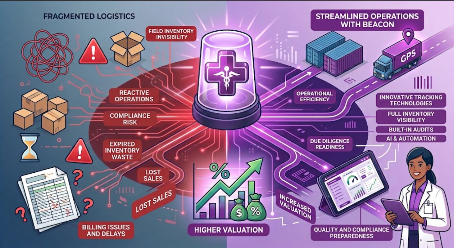 infographic displaying all of the downsides and risks of a fragmanted logistics operation vs. the wide ranging benefits of using Beacon for streamlined medical device operations and inventory management.