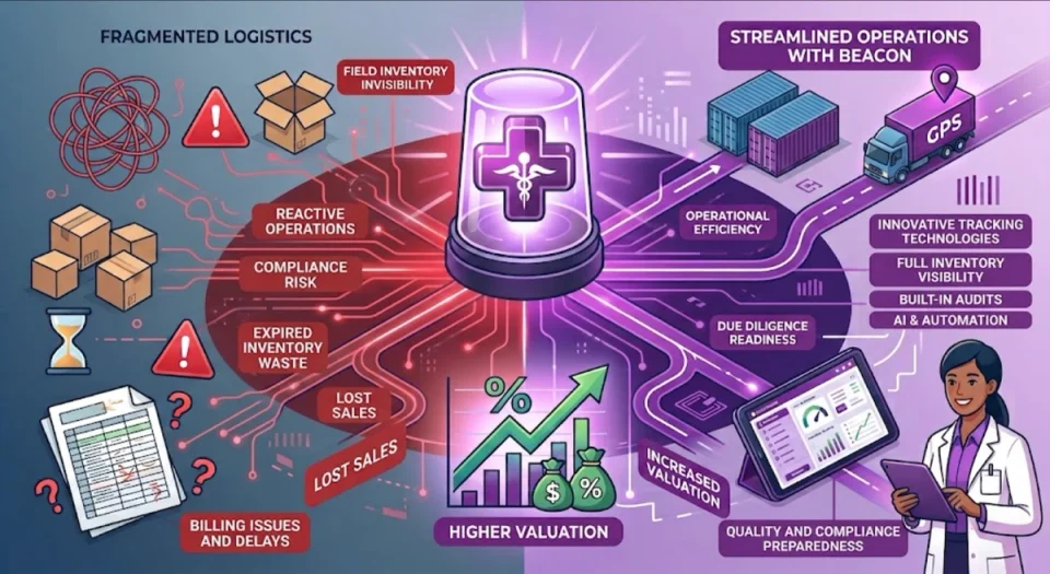 infographic displaying all of the downsides and risks of a fragmanted logistics operation vs. the wide ranging benefits of using Beacon for streamlined medical device operations and inventory management.