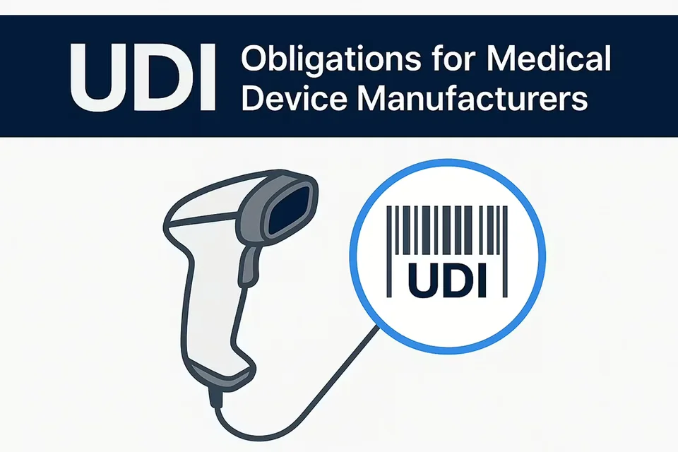QSMR UDI requirements - barcode scanner with UDI title: UDI obligations for medical device manufacturers