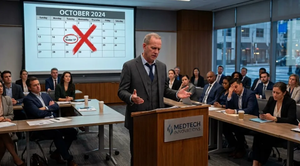 medical device company system implementation failure - a man presenting an update on a failed project with a project calendar in a board room. 