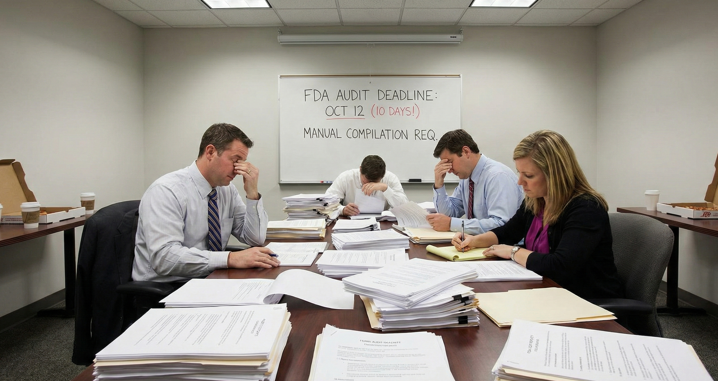 Compliance audit team manually searching paper records to meet the 21 CFR 806 10-day rule for UDI retrieval.