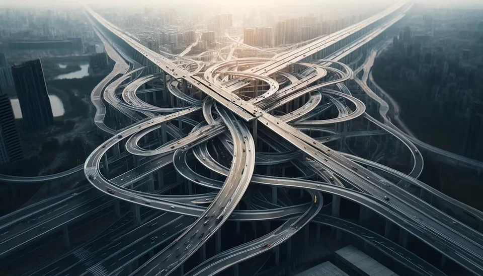 A highly complex highway interchange with multiple layers of looping on and off ramps. The interchange is sprawling, featuring numerous bridges, tunnels. Representing an inefficient ordering process.