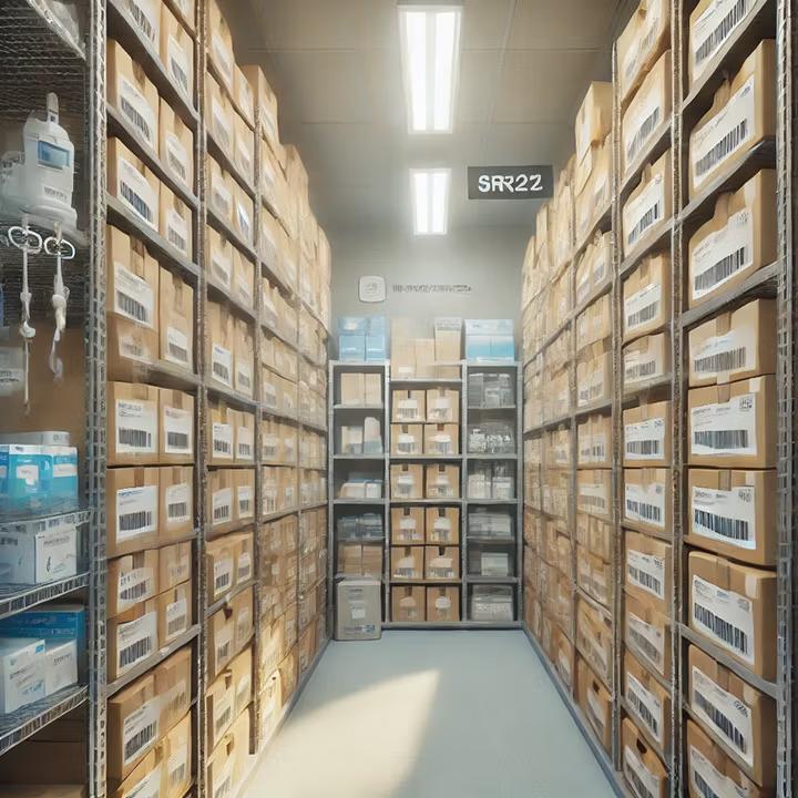 A long stockroom hallway lined with shelves full of boxes each with a udi number and barcode
