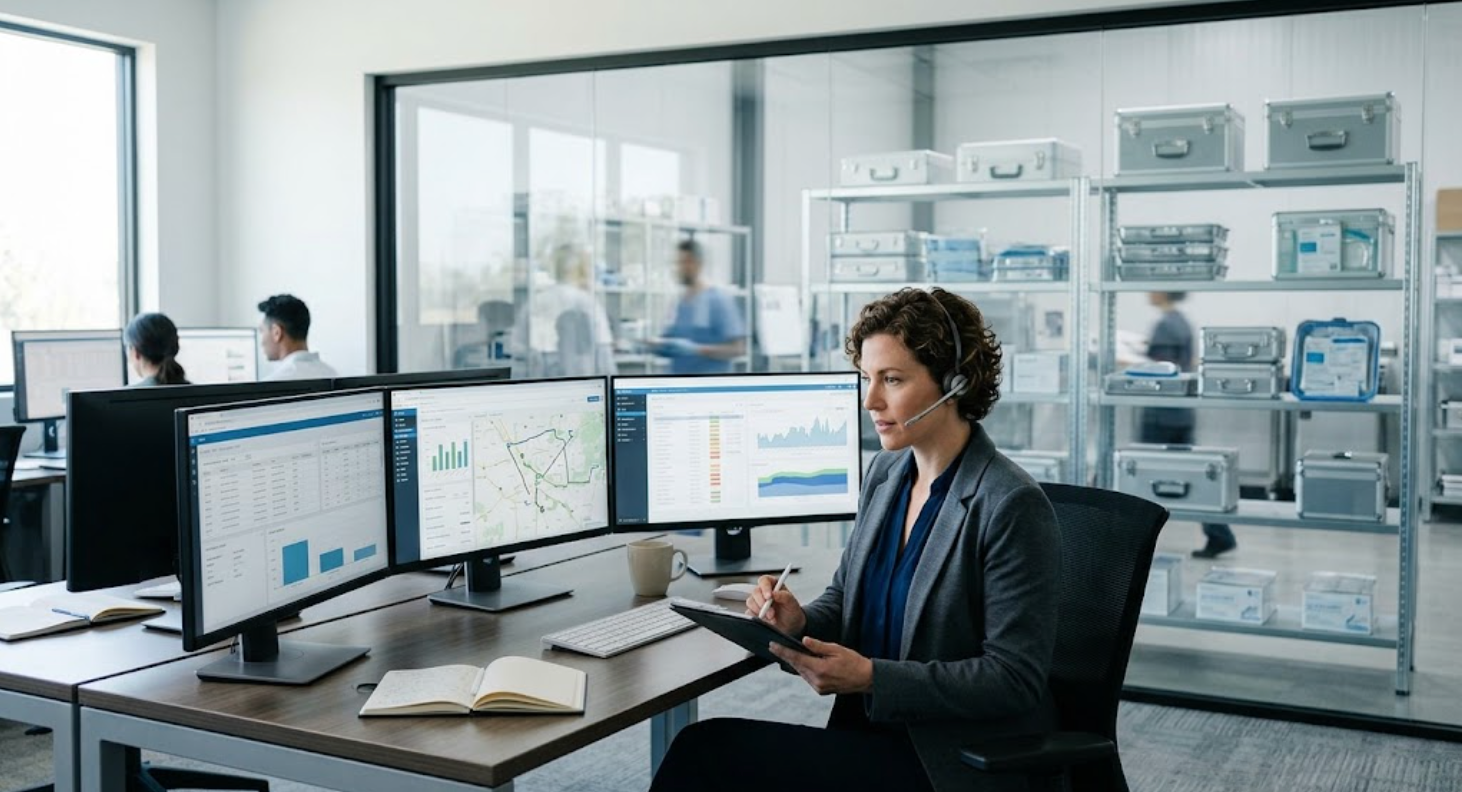 a medical device distributor operations specialist using a headset at her command center to manage field operations with the team and the medical device inventory in the background. 