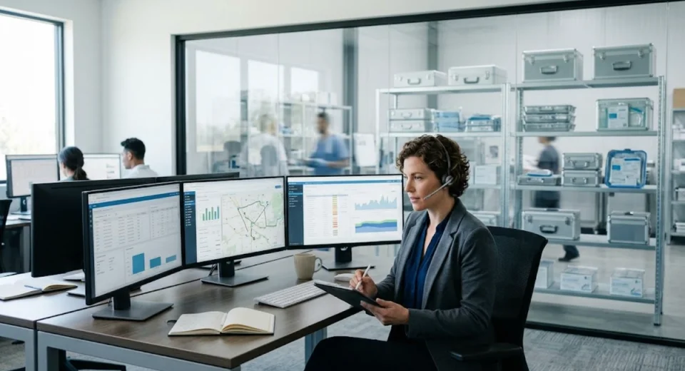 a medical device distributor operations specialist using a headset at her command center to manage field operations with the team and the medical device inventory in the background. 