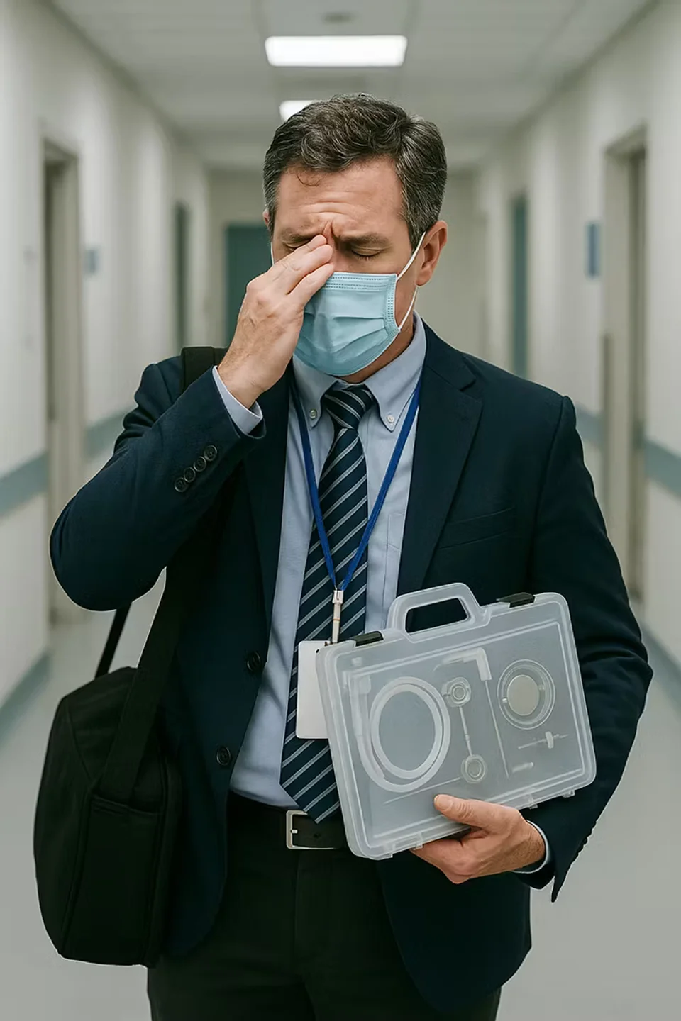 a sales rep wearing a mask massaging their temple because of the headache caused by covid 19 medical device challenges